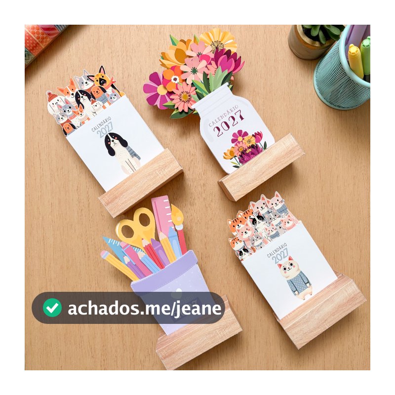 Calendário de Mesa 2027 Base de Madeira - Vários Modelos - Vaso de Flores - Escolar - Gatinhos - Cachorrinhos