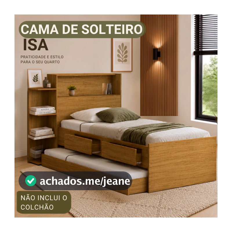 Cama De Solteiro Isa duas Gavetas Bau Nicho Prateleiras -Com Auxiliar De MDF Resistente