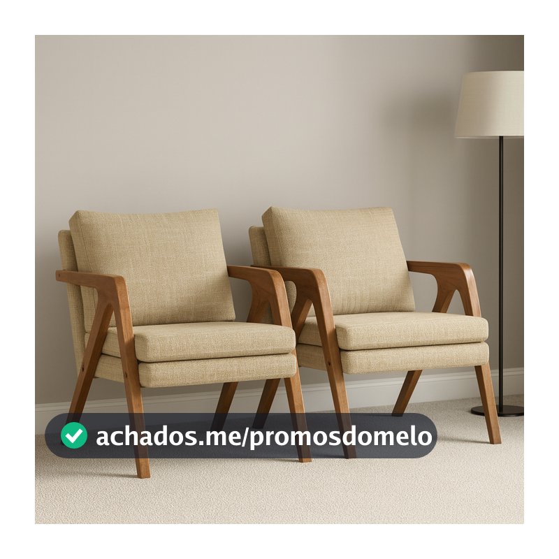 Kit 2 Poltronas Mona Linho Estofada Decorativa Luxo Pés De Madeira Maciça Sala Estar Recepção - AV