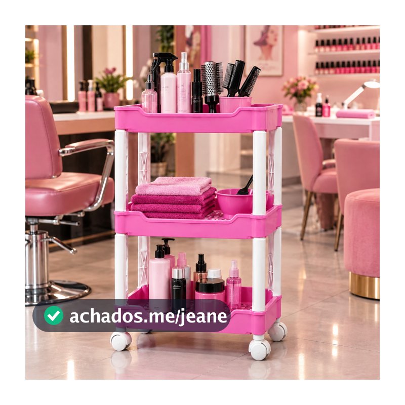 Carrinho Rosa 3 Andares Eleven Shop Prateleira Modular com Rodinhas Salão Beleza Unhas Cílios Tattoo Estética Studio Pro