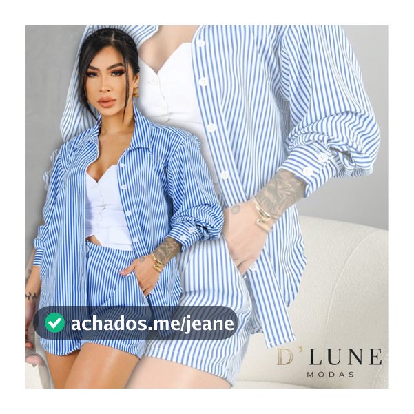 Conjunto Feminino Listrado Camisa com Short Curto Corte Alfaiataria Duna Lisa Botões Frontais