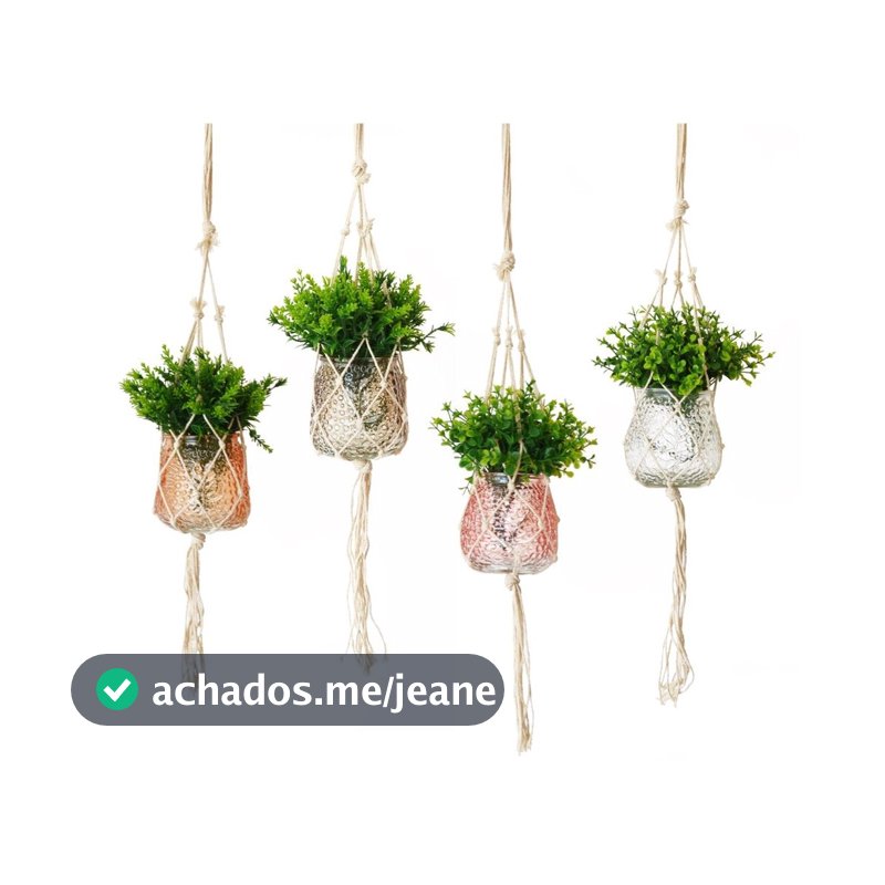 1 Vaso Decorativo de Vidro Colorido Com Macramê E Planta Artificial Inclusa