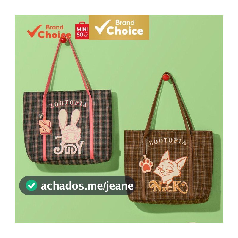 MINISO  disney zootopia série - gingham & tote & bolsa casual (estilo nick) 26cm × 17cm