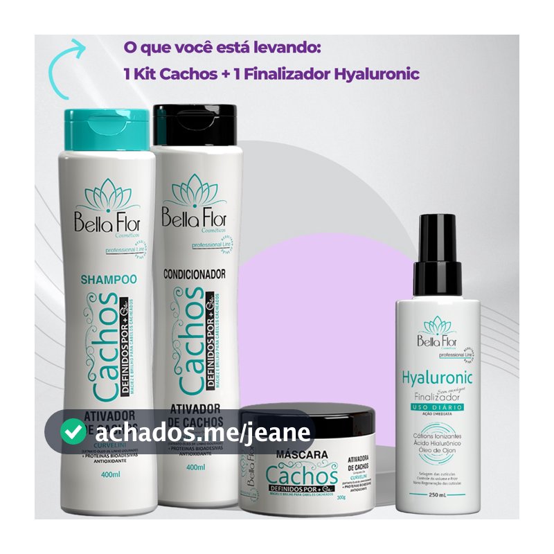 Kit Capilar Cachos Definidos 4 Produtos Shampoo Condicionador Máscara + Finalizador Hyaluronic Bella Flor