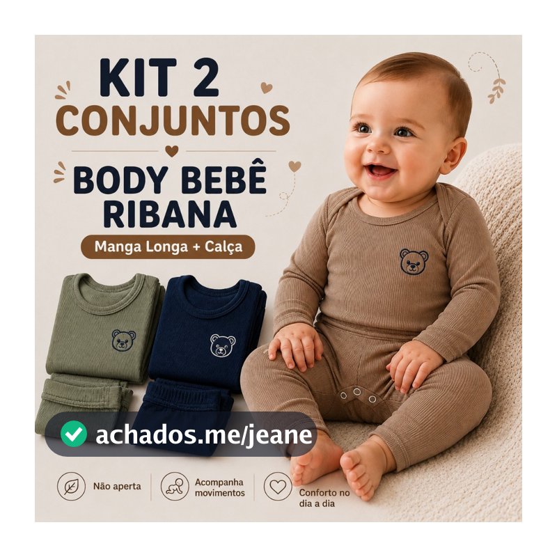 KIT 2  Conjuntos Bodys Bebê Ribana Ursinho Manga Longa com Calças Canelada Inverno P ao 3