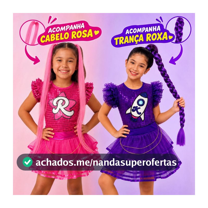 Fantasia Emilly Vick Ketlen Pink Roxa Com Cabelo Youtuber Infantil Conjunto Saia Blusa