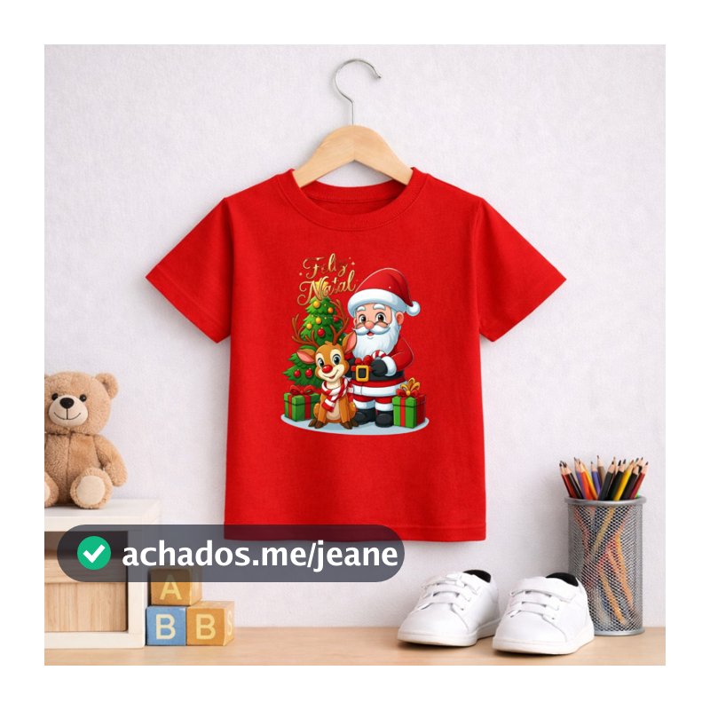Camiseta Infantil Natal Papai Noel com Rena Estampada 100% Algodão Menino Menina Unissex  2 ao 16