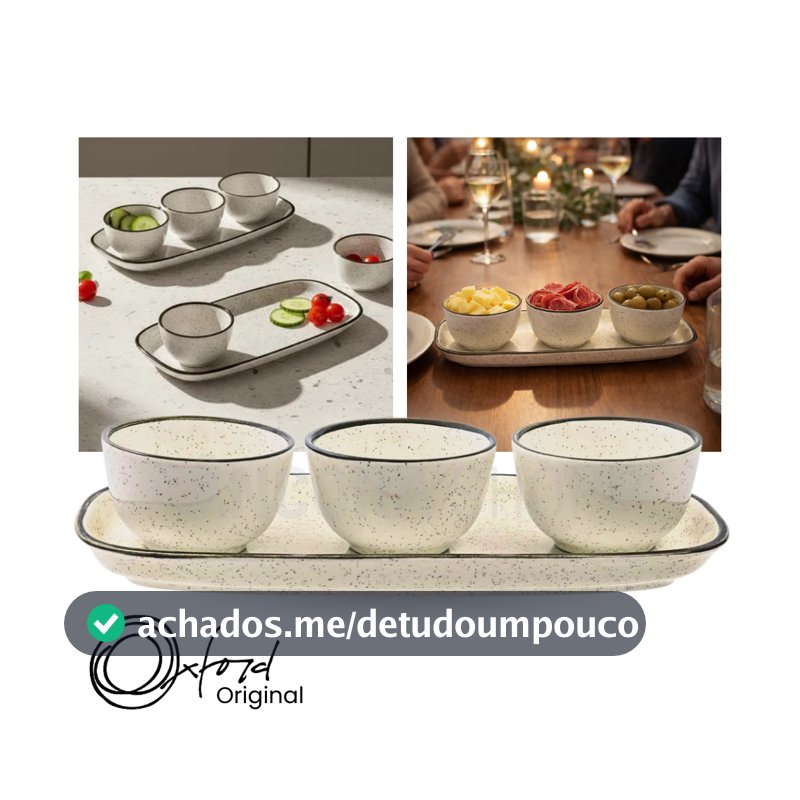 Jogo de Petisqueira 3 Bowls com Bandeja em Cerâmica Retangular Para Servir Domus Brisa Oxford