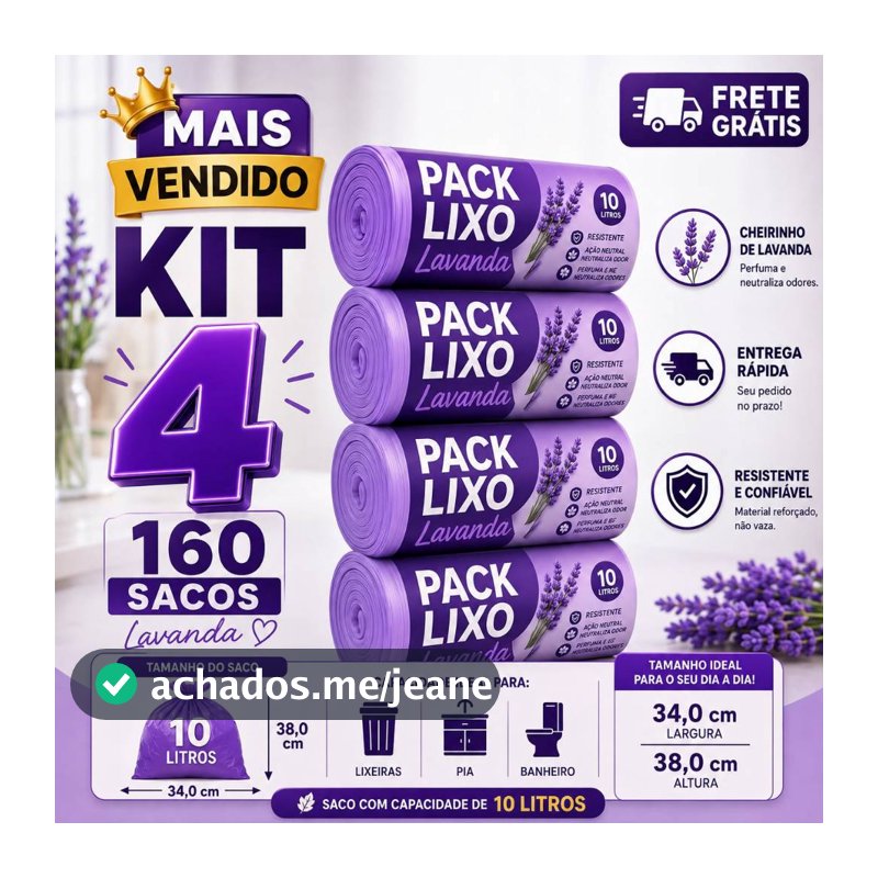 Kit 4 Rolos Saco de Lixo Perfumado Lavanda 10L 160 Sacos Resistente Pia Banheiro