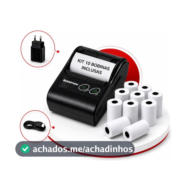 Mini Impressora Bluetooth Portatil Termica 58mm + 10 Bobinas Inclusas Delivery Nota Pedidos