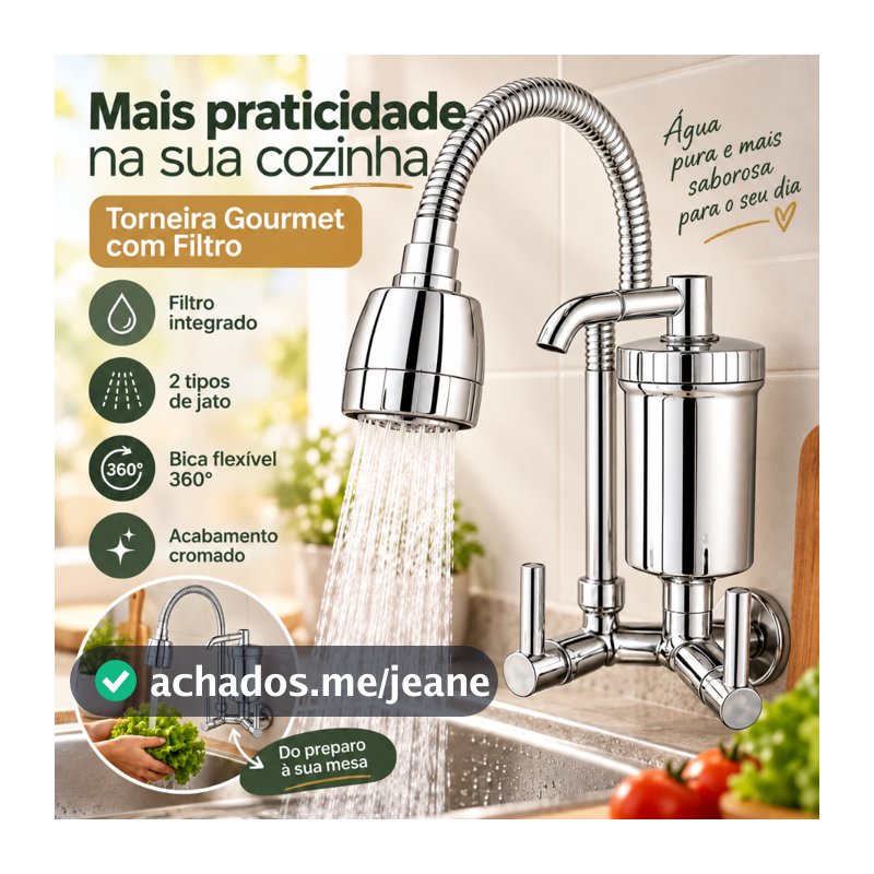 Torneira Gourmet Filtro de Parede Cozinha Flexível Jato Duplo Cromada Luxo 1/4 de volta