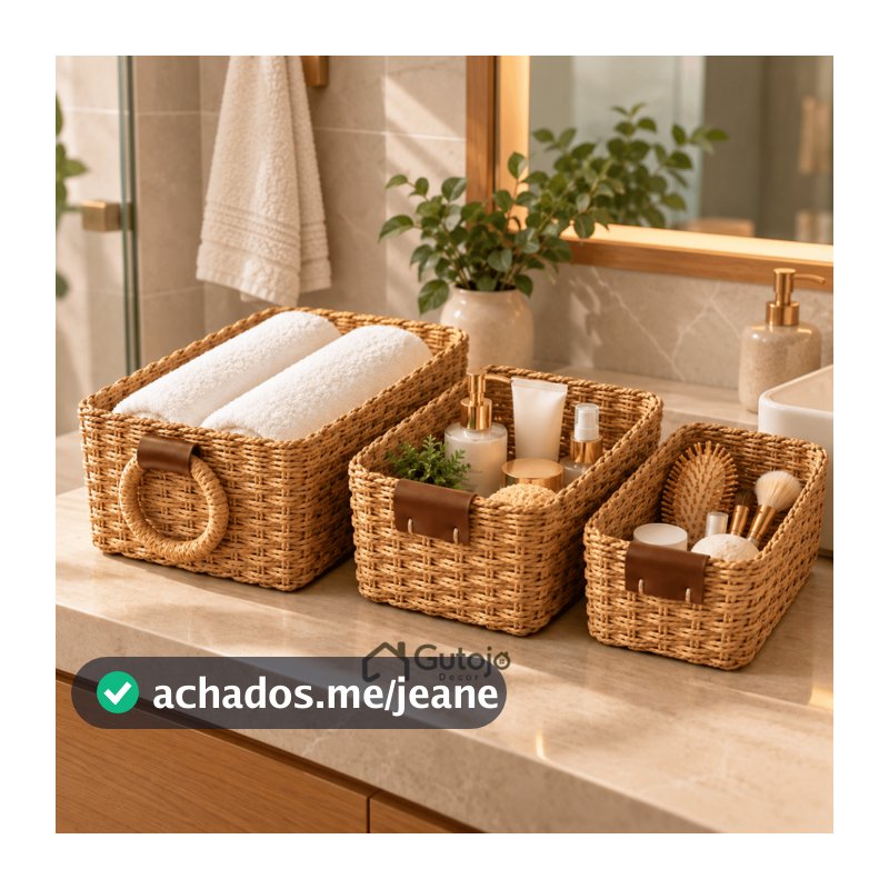 kit 3 Cesto Organizador Artesanal De Palha Para Casa Banheiro Cozinha Boho Natural decoração Retro