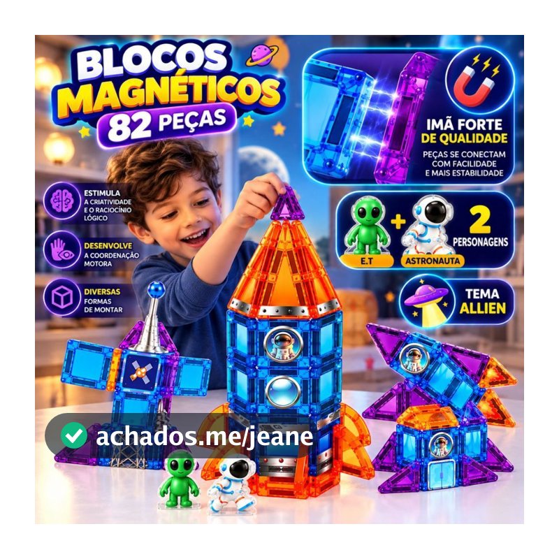 Kit Blocos Magnéticos Geométricos 36 Á 82 Peças Astronauta Brinquedo Educativo Infantil De Montar