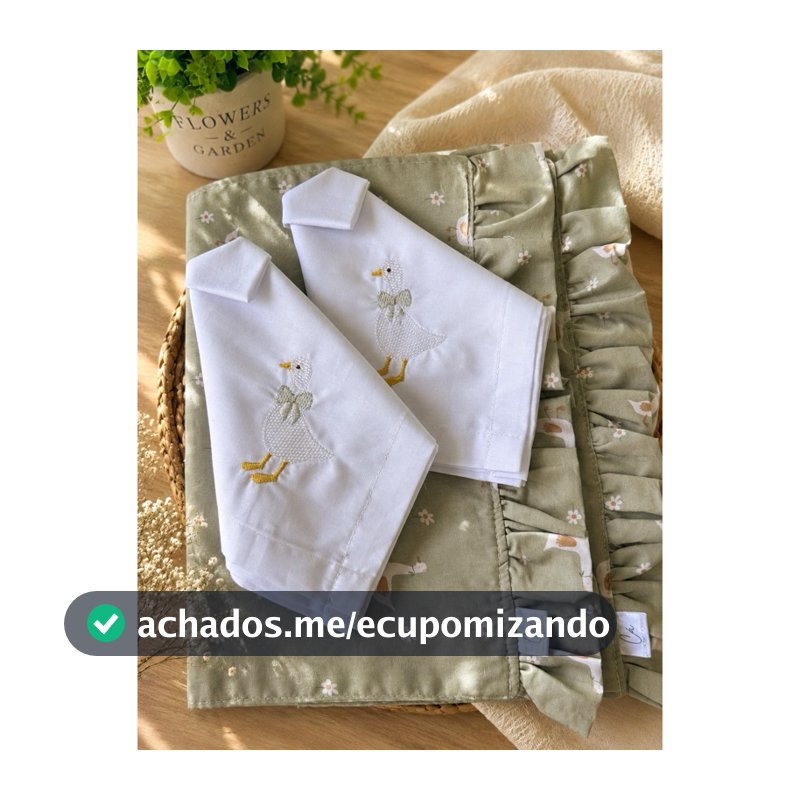 Kit Mesa Posta Farmhouse Patinho Bordado Retangular Babadinho Fofo Delicado (2 lugares a mesa)