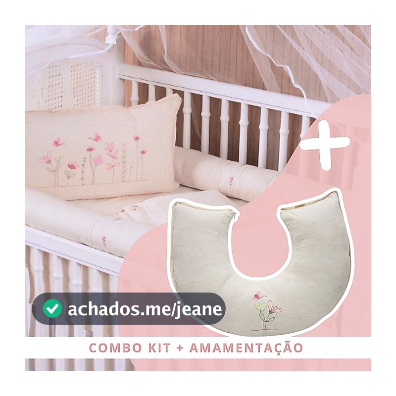 Kit Berço Menina Luxo Borboletas e Flores Linho 100% Algodão + Almofada Amamentação Luxo