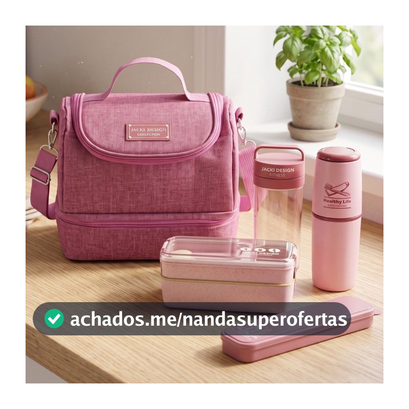 Kit de Bolsa Térmica c/ 2 Compartimentos, Copo e Marmita, Porta Talher e Porta Escova