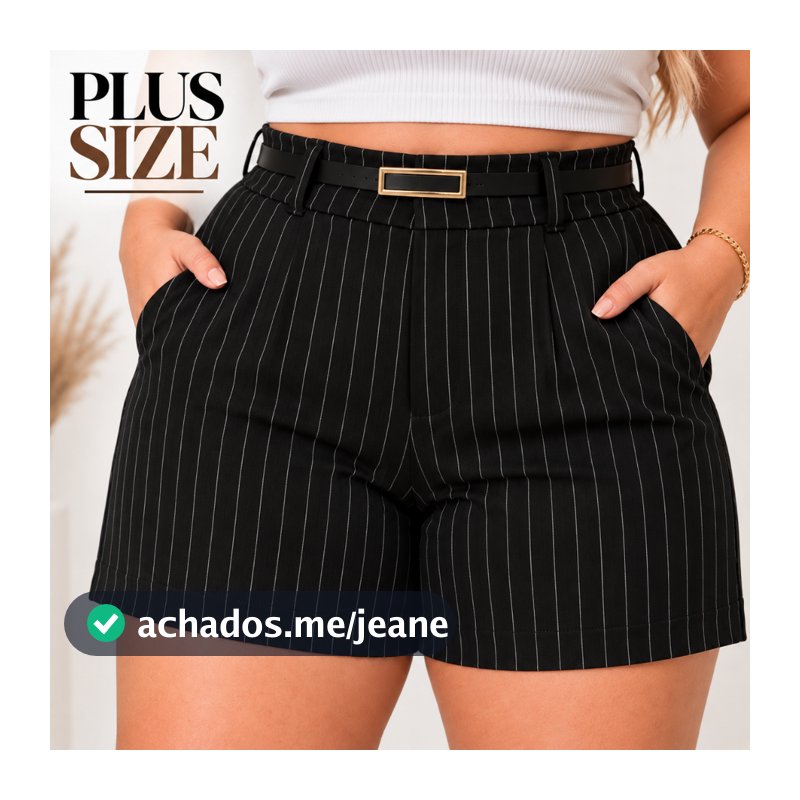 Shorts Plus Size Feminino Risca de Giz Alfaiataria Cintura Alta com Cinto e Bolso G1 G2 G3 G4