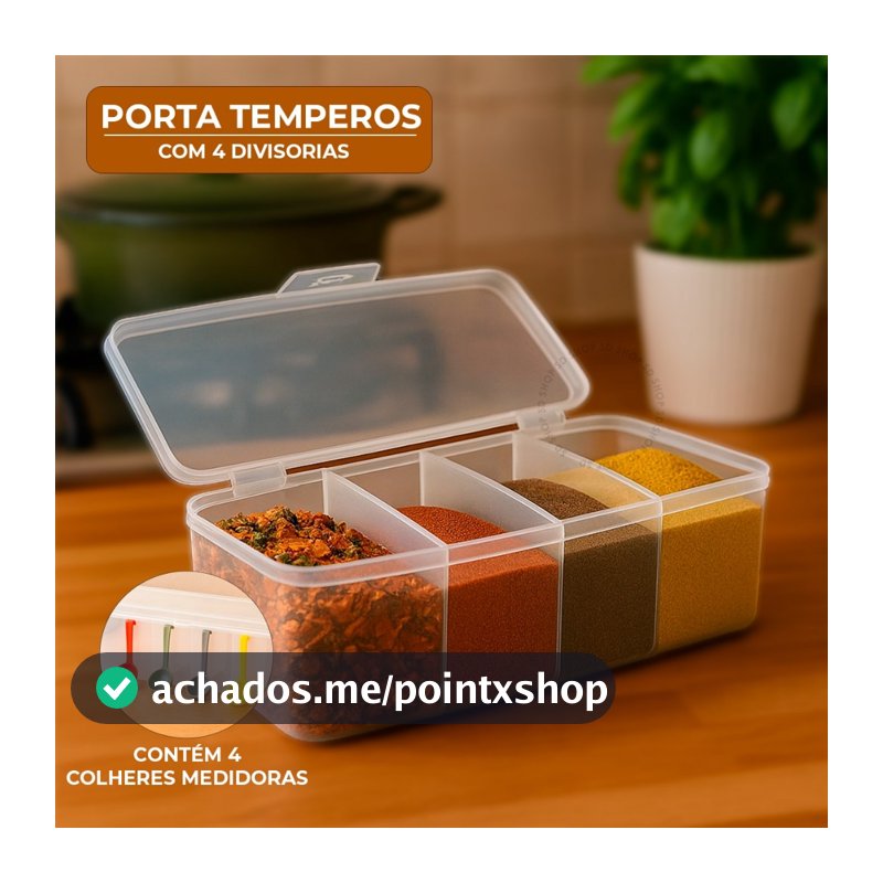 Pote Porta Temperos Pote Condimentos Organizador Com Divisórias 4 Colheres Medidoras