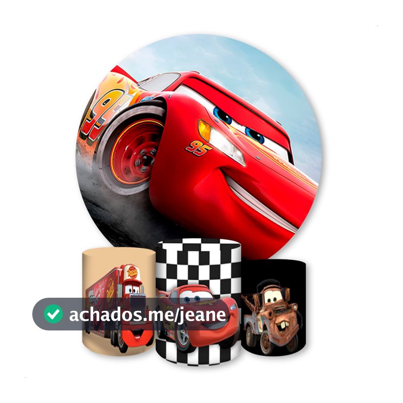 Kit Capa Painel Redondo + Capas Cilindros Sublimados Para Festas Tema Carros Relâmpago