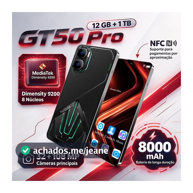 Smartphone GT50 1024GB 12GB RAM compatível com funções 5G e NFC Câmera 108 MP