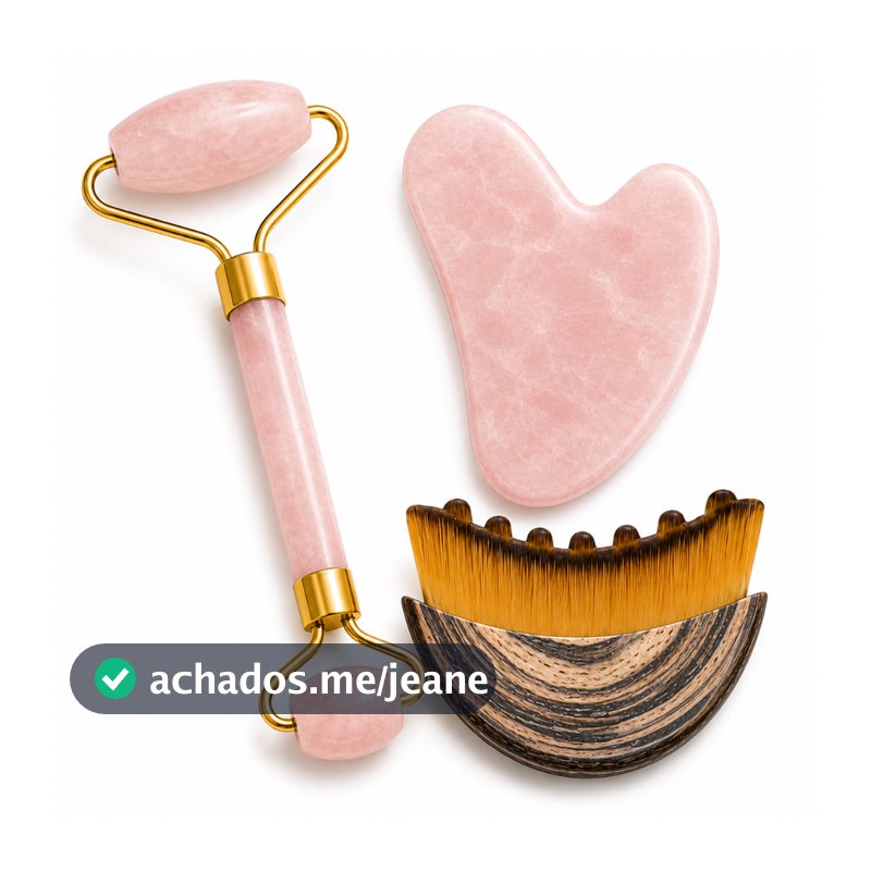 Kit Massagem Facial com Rolo de Jade, Pedra Gua Sha e Escova para Drenagem Linfática