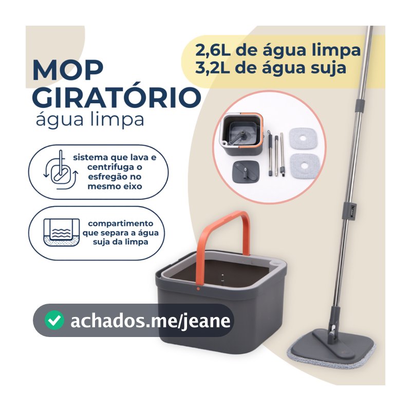Mop Esfregão Com Refil Microfibra Balde Separa Água Limpa E Suja Interno 2,6L e Externo 3,2L