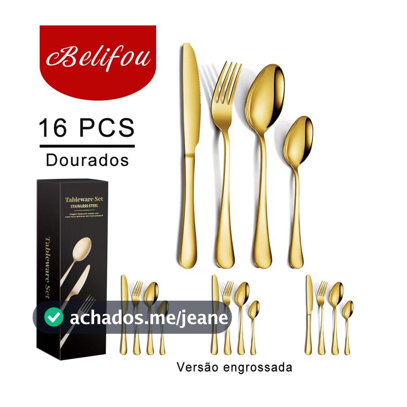 Belifou Kit 16/18/24 Jogo De Talheres Para Bife Aço Inoxidável Dourados Colher Pequena