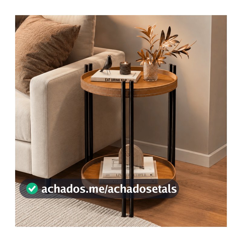 Mesa de Apoio Lateral Manhattan Redonda com Tampo Duplo Pés em Metal Acabamento em Couro