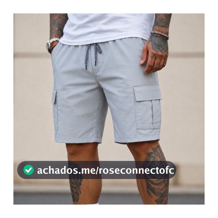 Bermuda Cargo Masculina Sarja Elastano 6 Bolsos Cintura Elástica Casual