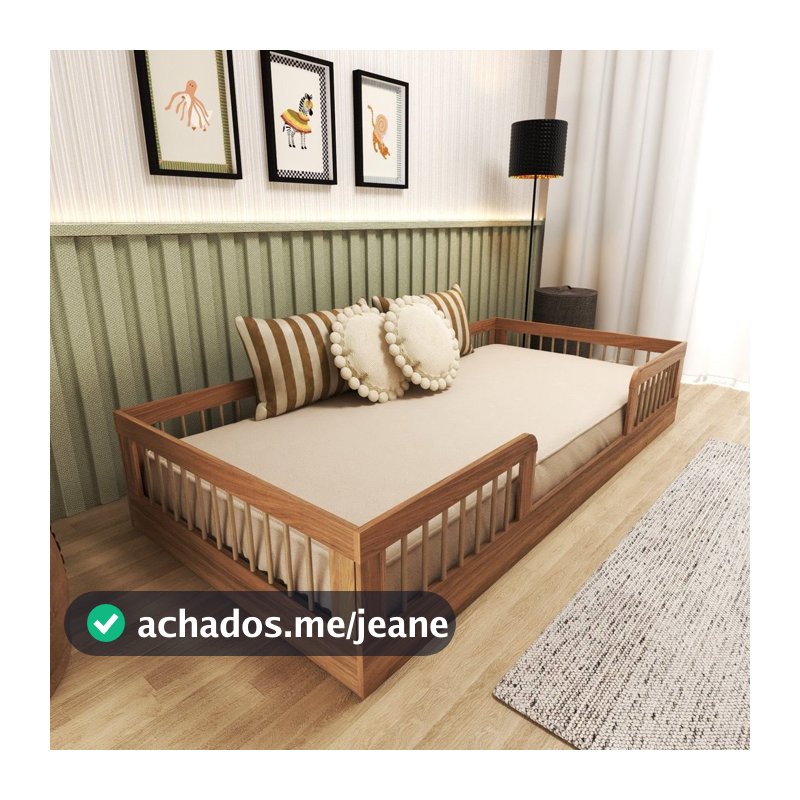 Cama Infantil Montessoriana Solteiro com Grades em Pinus Lume Marrom/Carvalho Mel Carvalho Mel