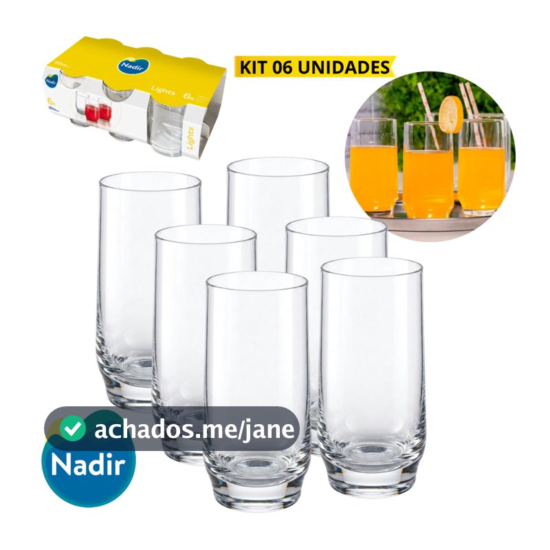 Jogo 6 Copos Lights Vidro Suco Água Cerveja 300ml Nadir