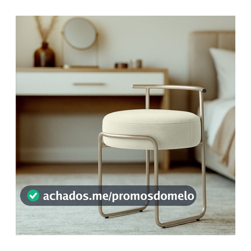 Puff Sala Redondo Evans Base Metal Champagne Tecido Boucle Cores