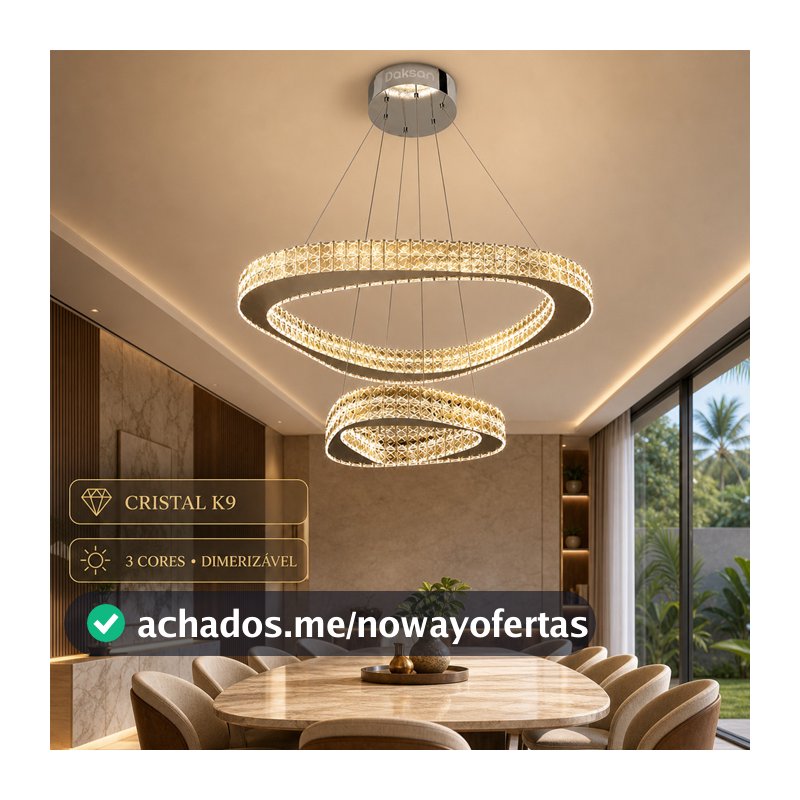 Lustre Pendente LED Cristal K9 178W 100/60cm 3 Cores Dimerizável com Controle Remoto