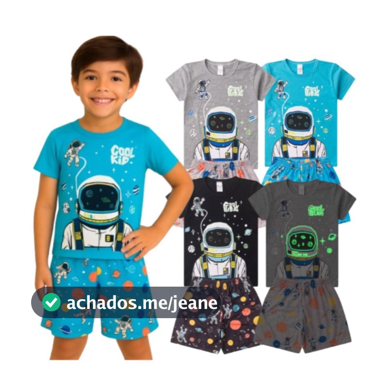 Pijama Conjunto Infantil Masculino Menino Brilha No Escuro Verão Astronauta Hey Kids Algodão Tam 1 ao 14
