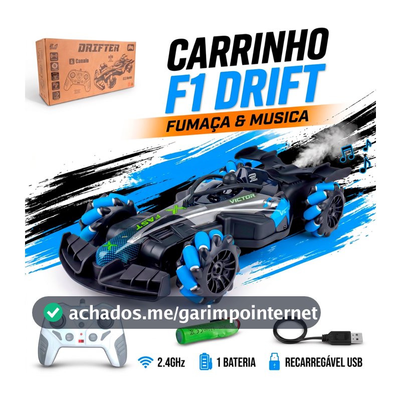 Carrinho Controle Remoto Drift Formula 1 Bateria Recarregável Solta Fumaça Som Brinquedo Infantil