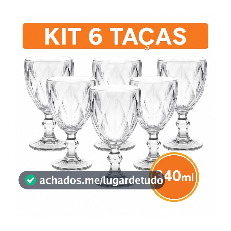 Kit 6 Copos Taças Diamond Vidro Transparente Para Água Luxo Resistente 340ml