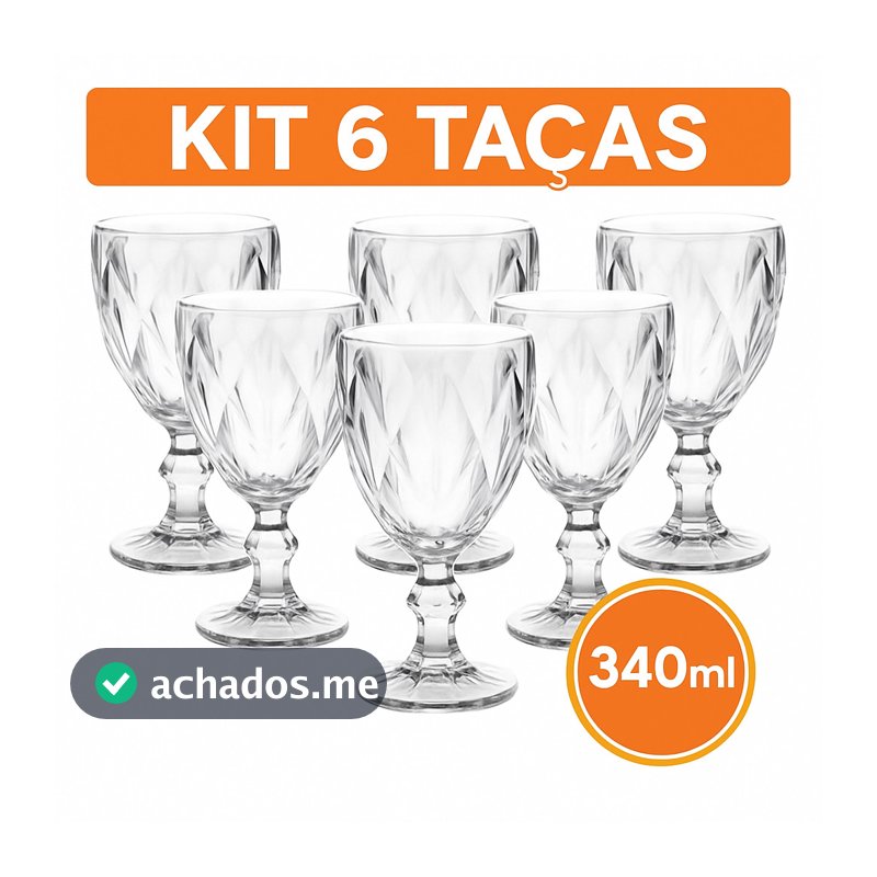 Kit 6 Copos Taças Diamond Vidro Transparente Para Água Luxo Resistente 340ml
