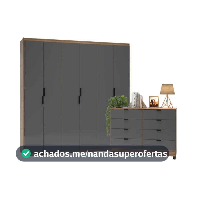 Guarda-Roupa 6 Portas + Cômoda 8 Gavetas Puxador Metálico Design Industrial Para Quarto