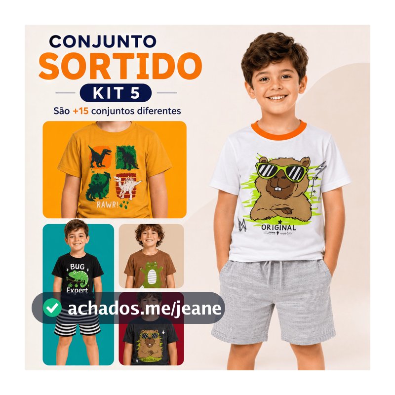 Kit 5 Conjuntos Masculino/Menino Coleção Infantil Juvenil - 5 Camiseta e 5 Shorts