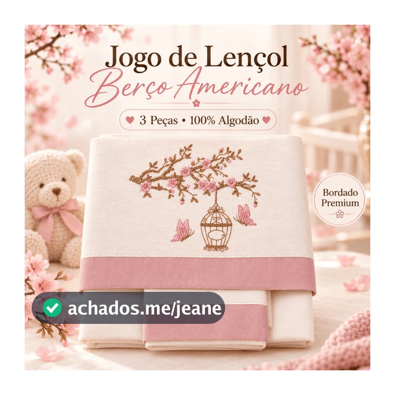 Jogo Lençol Berço Americano Luxo Linho 3 Peças 100% Algodão Flores Borboleta Jardim Encantado
