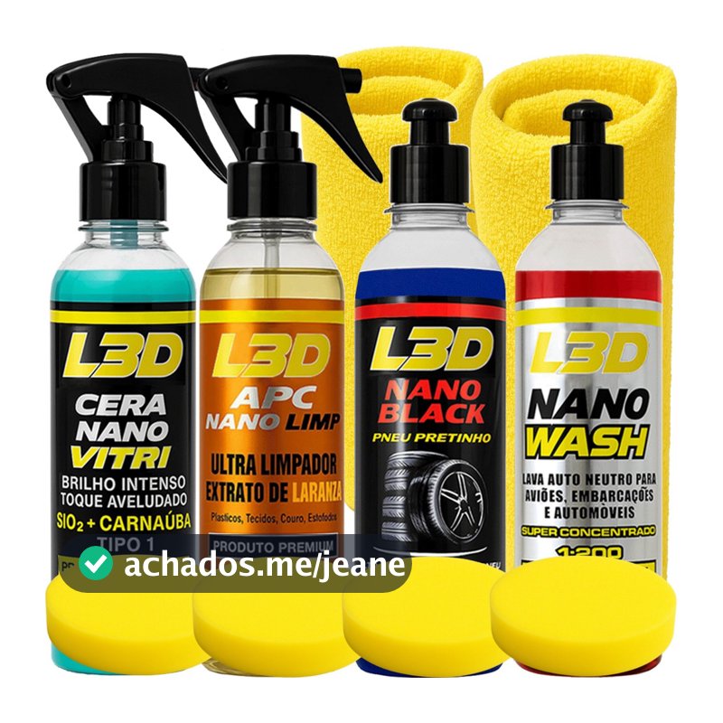 Kit Lavagem Automotiva Cera Cristalizadora L3d, Shampoo Automotivo, Apc, Pretinho, Aplicador Fanelas
