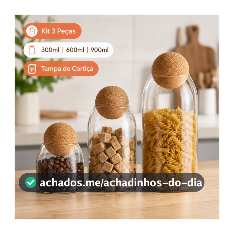 Kit 3 Potes Organizadores de Vidro com Tampa para Mantimentos Cozinha e Decoração