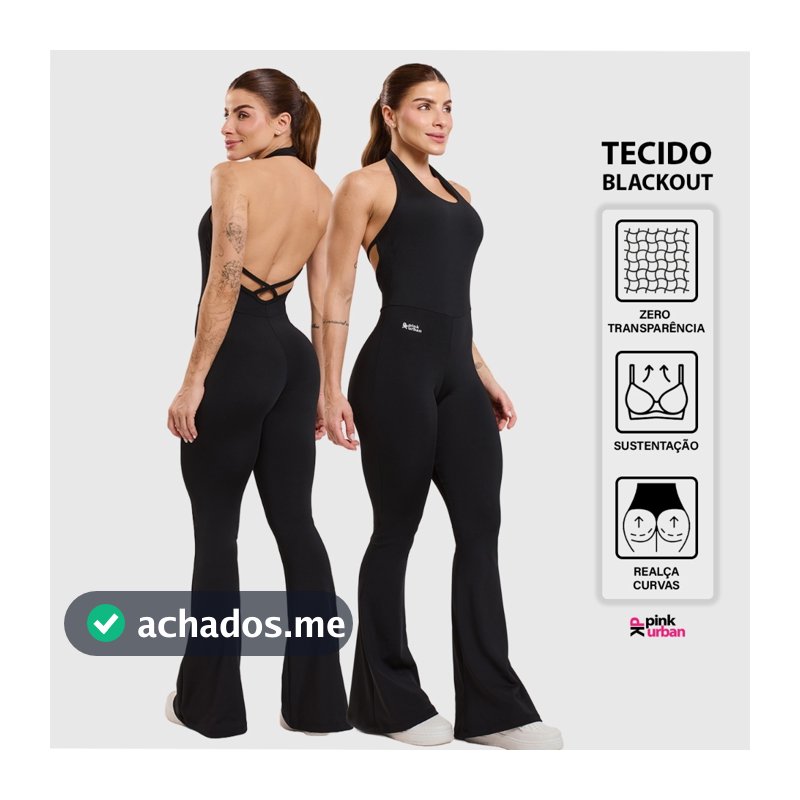 Macacão Fitness Feminino Flare Costa Nua Trançado Decote U Frente Única Blackout Zero Transparência