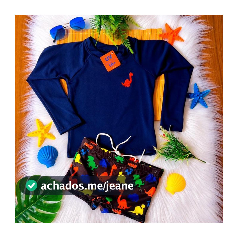 Conjunto Praia Infantil UV50+ Blusa Proteção Térmica Mais  Sunga Menino Roupa de Banho 1 a 10 anos
