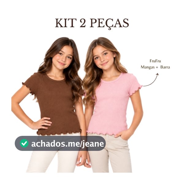 Kit 2 Peças Baby Look Infantil e Juvenil Feminina Blusa Manga Curta Canelada FruFru Menina Verão