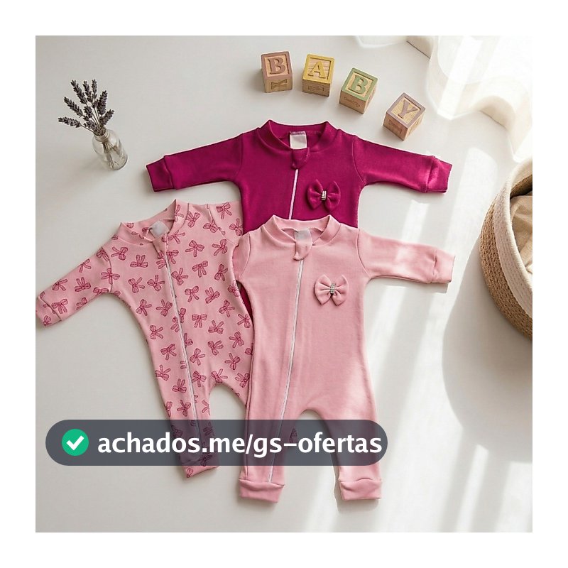 Macacão de  Zíper  Bebe Menina 03 Peças Algodão moda bebê feminina rosa pink roupas de bebê