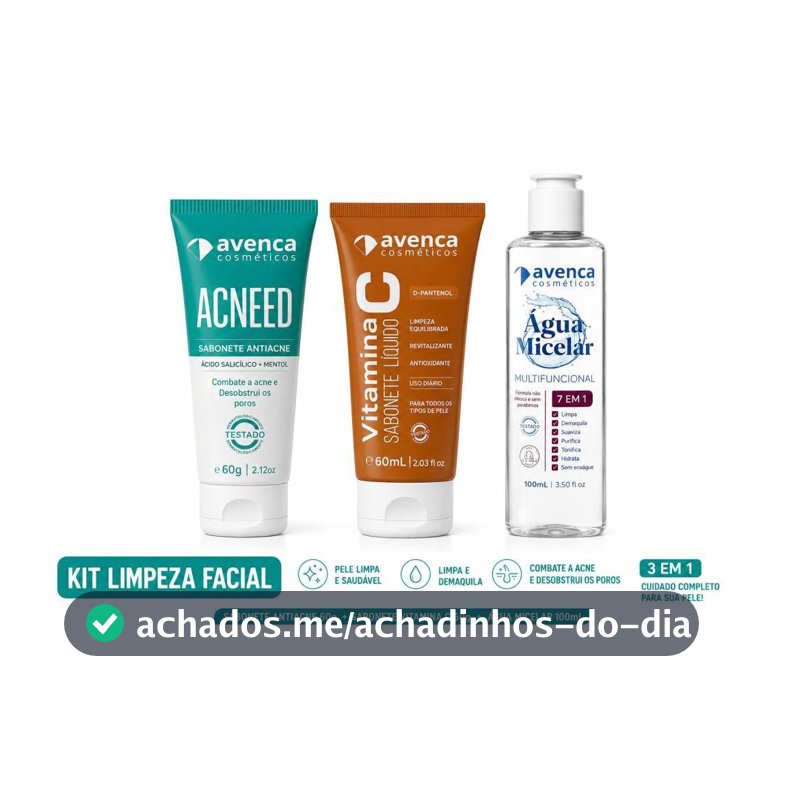 Kit Limpeza Facial Sabonete Antiacne 60g + Sabonete Vitamina C 60g + Água Micelar 100ml - Avenca