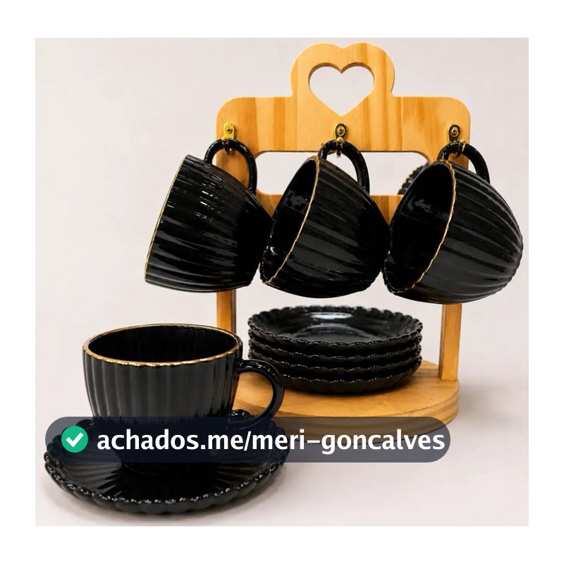Conjunto Xícaras Preta Fio de Ouro Cha e Cafe 12 Peças Com Pires Vidro 100ml Decorada Borda de ouro
