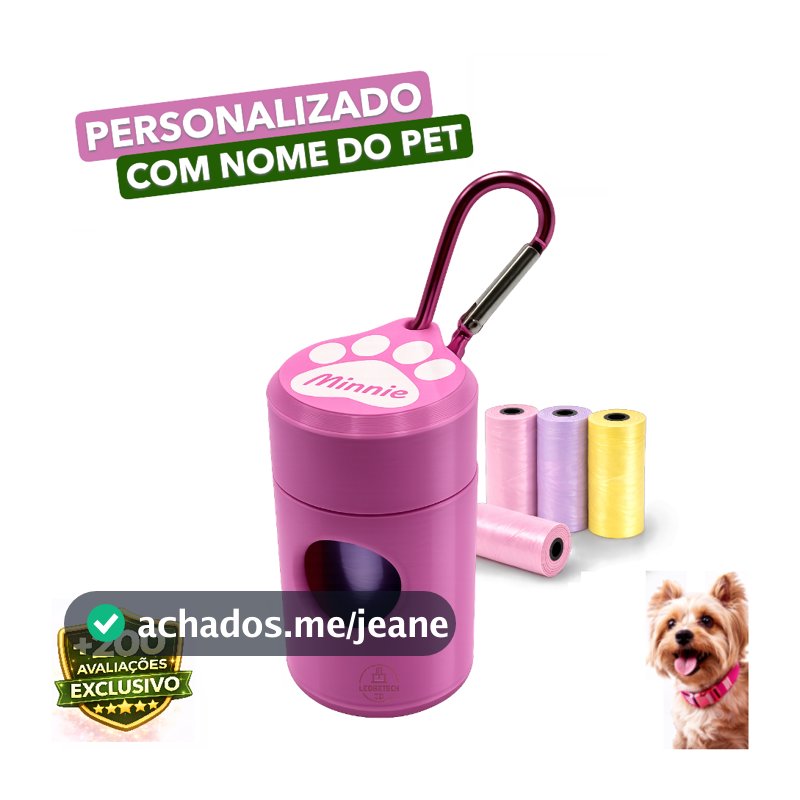 Dispenser Porta Saquinho Cata Coco Personalizado Nome do Pet para Coleira Guia Cachorro com Refil