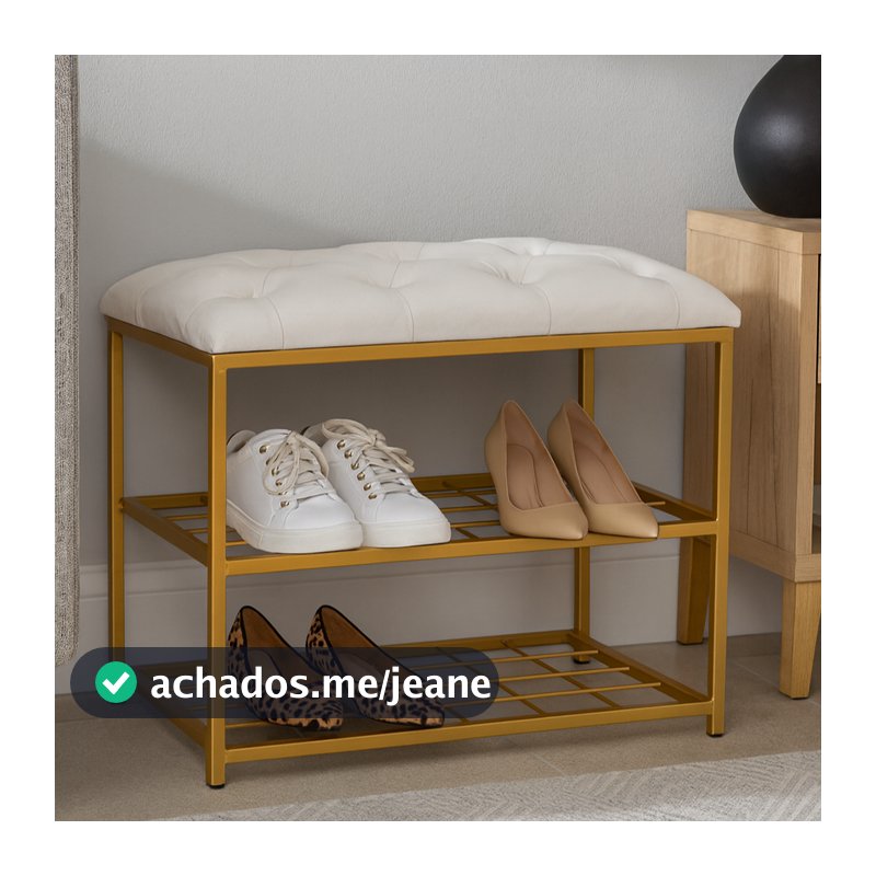 Sapateira Banco 2 Andares 47x30x60cm Metal Dourado com Assento Estofado Veludo Organizador